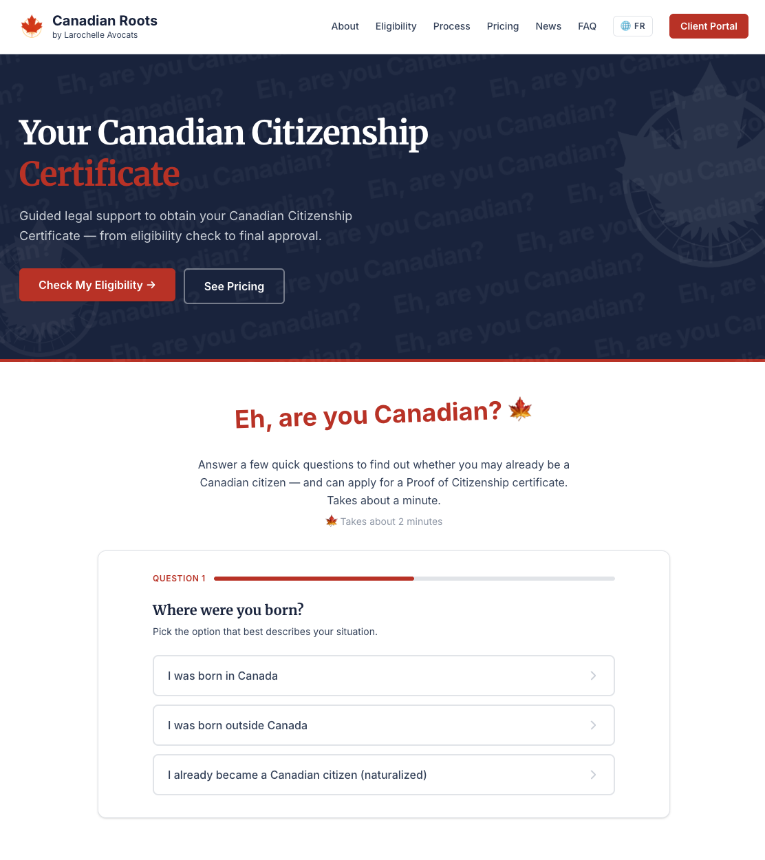 Canadian Roots — landing page and eligibility questionnaire