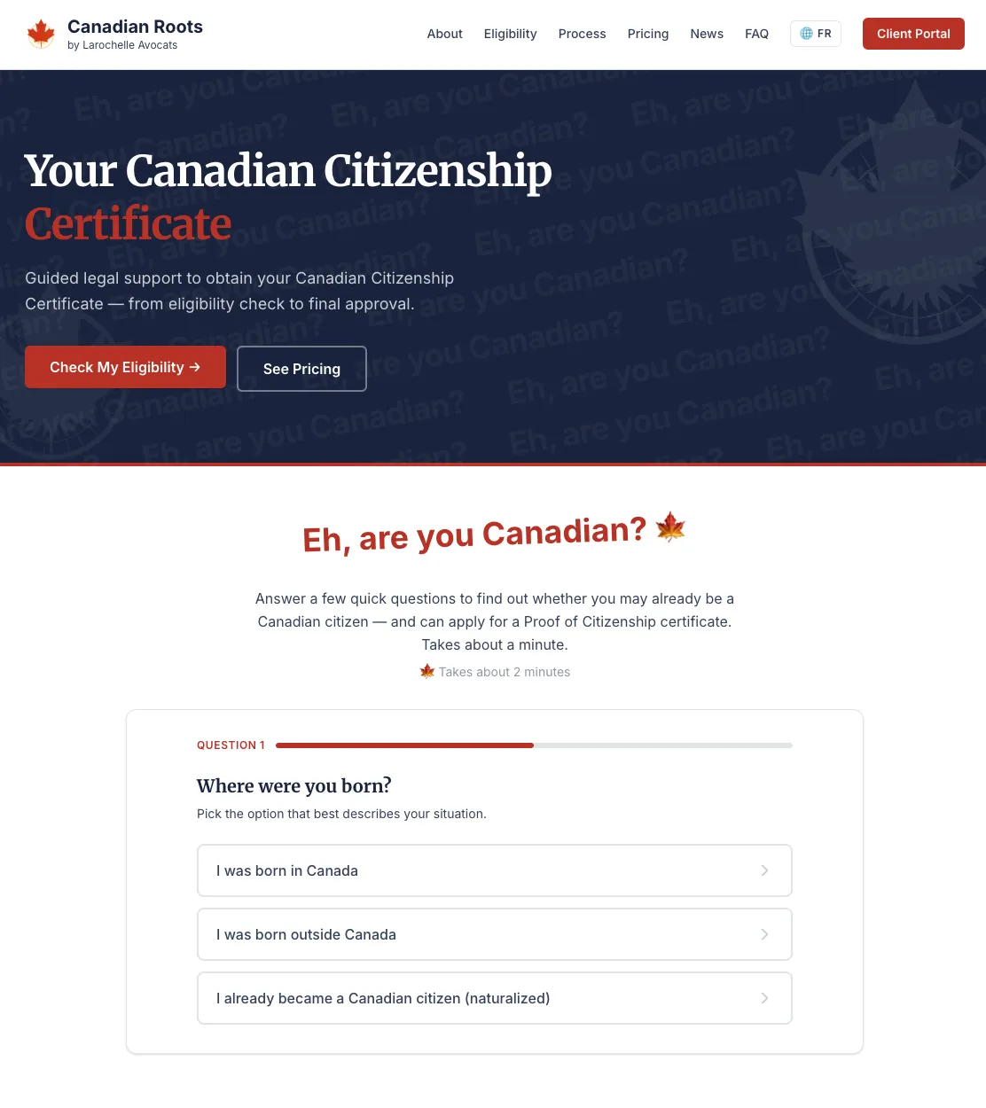 Canadian Roots — landing page and eligibility questionnaire