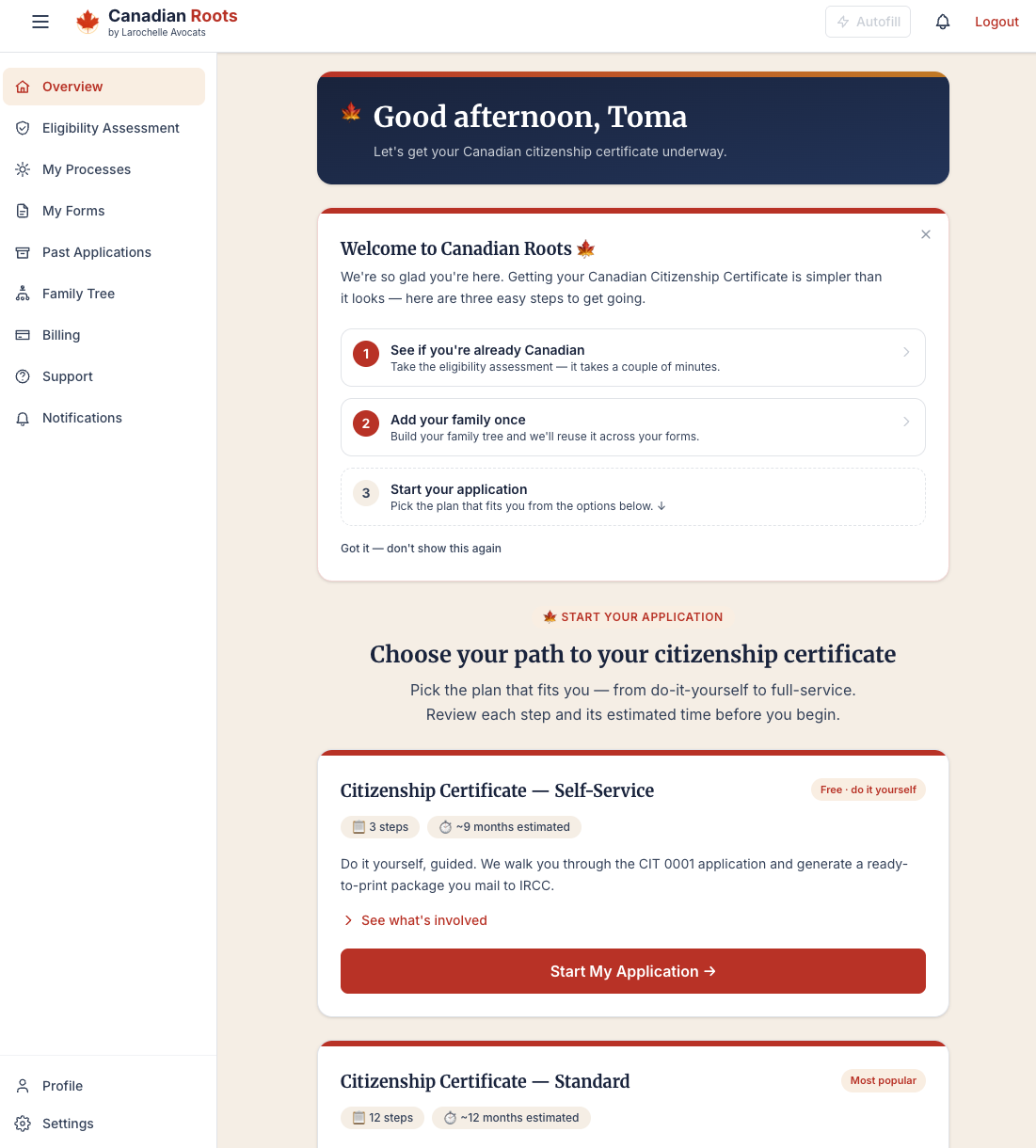 Canadian Roots — client portal overview with application plans